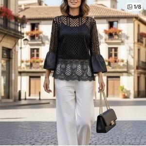 #A085  Dolce Cabo Vintage Black Lace Crochet Top, Victorian Neck M (No Tags)